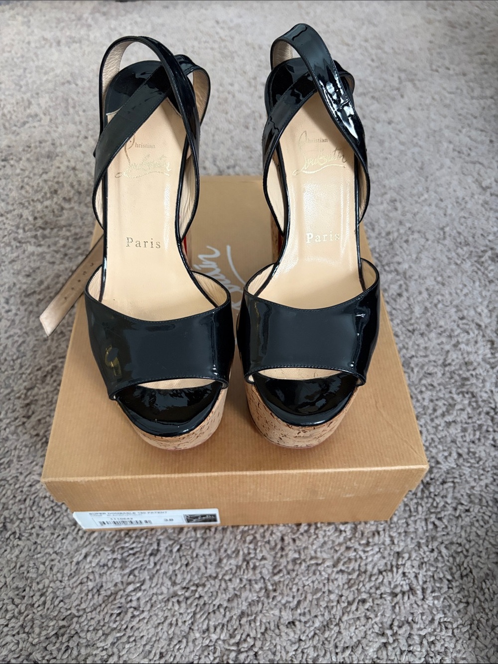 Christian Louboutin Black Patent Cork Platform Slingback Sandals